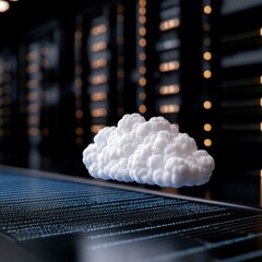 Dynamic cloud computing concept with abstract data flow and futuristic server room background, symbolizing digital transformation and innovation.