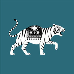 Traditional stylized white tiger with ornamental saddle. flat vector illustration