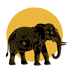 Stylized ornamental elephant with yellow sun. flat vector illustration