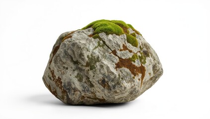 Natural gray stone with green moss and brown patches stands isolated against a white background, showcasing textures and details of nature, while its simple form creates a serene mood.