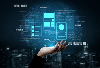 UI UX mockup showing application layout, structure, and code interface. UI design defines user flow, UI design improves clarity, UI design enhances experience, and UX design supports logic. Vouch