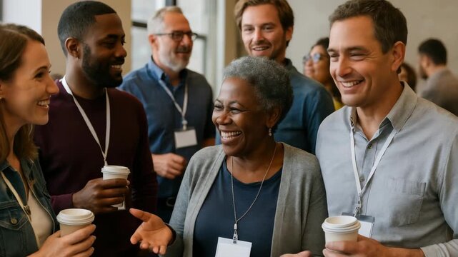 Casual networking event captured in a candid video style, with a medium angle showing diverse professionals engaging in lively conversation.