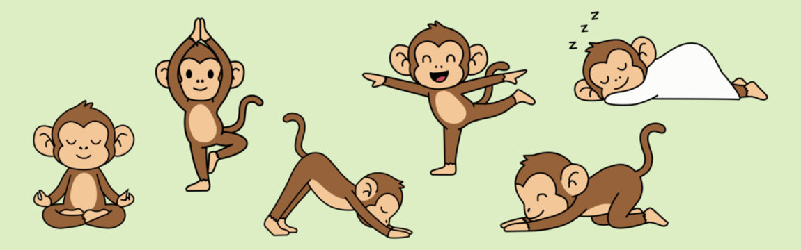 Cute cartoon monkey in various yoga and sleeping poses set. flat vector illustration