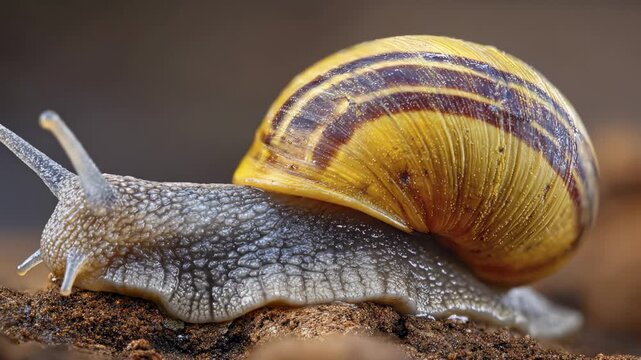 A captivating macro shot captures a snail slowly moving across a textured, earthy surface. The mollusk's intricately patterned, yellow and brown striped shell stands out, highlighting the delicate tex