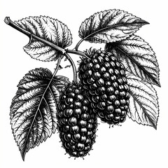 Monochrome Engraving Style Showing Fresh Mulberry Branch With Detailed Leaves And Berries
