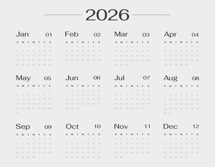 Minimalist English 2026 calendar yearly template single horizontal page in grey design. Layout monthly planner week starts on Sunday