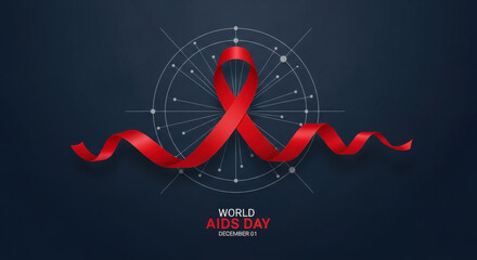 Red ribbon symbolizing aids awareness and support against dark background with constellation overlay