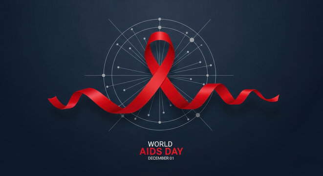 Red ribbon symbolizing aids awareness and support against dark background with constellation overlay