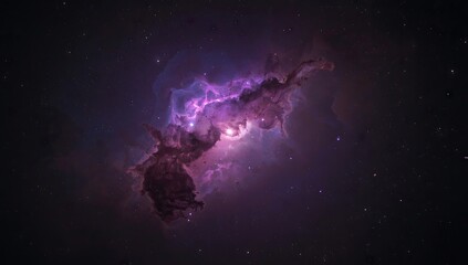 Stellar nebulosity, a cosmic formation of gas and dust illuminated by starlight, showcasing vibrant purples, pinks, and blues across a dark expanse.