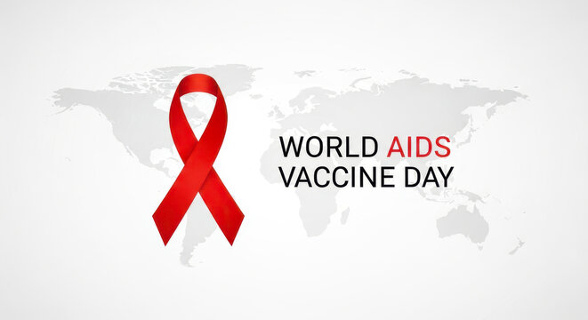 Red ribbon symbolizing awareness for world aids vaccine day on a world map background