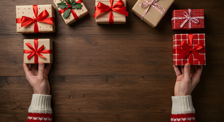 Fototapeta premium Man holding Christmas presents laid on a wooden table background