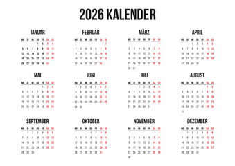 Classic German 2026 yearly calendar horizontal page A4 template minimal design. Layout Deutsch Kalender Wall or Desk Jahresplaner