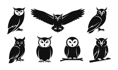 Owl Silhouette Set Black Vector Icons of Owls in Various Poses