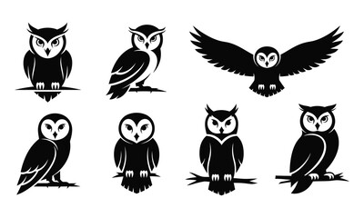 Owl Silhouette Set Black Vector Icons of Owls in Various Poses