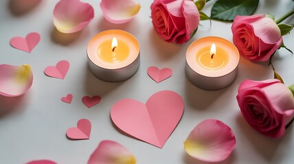 Romantic scene with pink roses, lit candles, and paper hearts on a white background