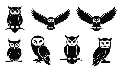Owl Silhouette Set Black Vector Icons of Owls in Various Poses
