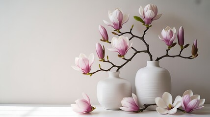 Delicate pink magnolia flowers in white vases against a light background