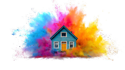 Blue cottage at center amid a vivid rainbow powder burst, vibrant colors erupting around beautifully