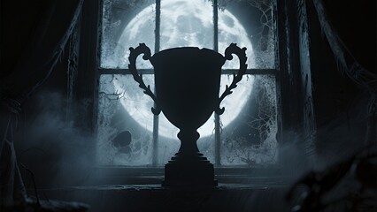 A silhouetted ornate trophy cup sits in front of a full moon in a spooky, cobweb-filled window.