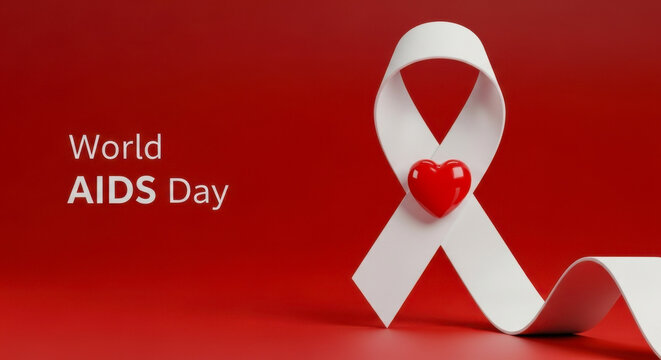 Symbol of hope and awareness for world aids day featuring a white ribbon with a red heart