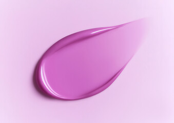 Purple lip gloss swatch on pastel background. Close-up of liquid lipstick, glossy texture, horizontal flatlay. Professional studio light