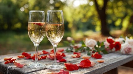 Two wine glasses filled with wine on a table with red rose petals