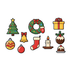 Collection of charming flat design Christmas icons, including a decorated tree, gift box, wreath, stocking, candle, pudding, and ornaments