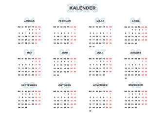 2026 German Yearly Calendar Horizontal Template A4 Format modern design. Deutsch Kalender Wall or Desk Jahresplaner. 