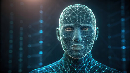 Digital human face with glowing pixel fragments on dark background, futuristic technology concept
