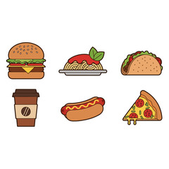 Flat Design Food Icons Set Featuring Burger, Hot Dog, Pizza, Taco, Spaghetti, and Coffee Cup Vector Illustration