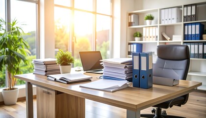 Modern Office Workspace Desk with Files with Laptop, and and Bright Window Sunlight.