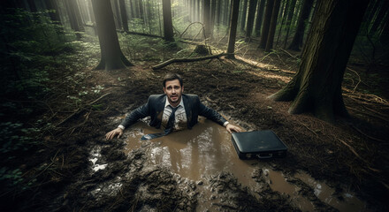 Businessman Stuck in Mud, Slow Progress and Stagnation in Business