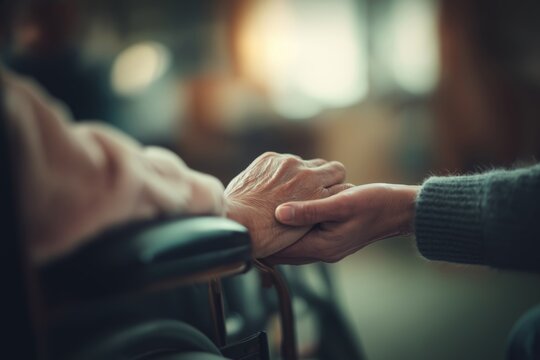 A close-up of a caregiver gently holding the hand of an elderly patient in a wheelchair. The image conveys warmth, compassion, and emotional connection