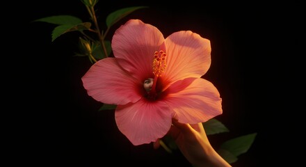 Fototapeta premium Pink Hibiscus Blossom held Against a Black Backdrop