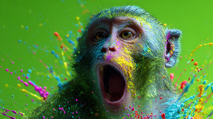 Fototapeta premium A startled macaque covered in bright paint splashes poses before a neon-green background. Energetic