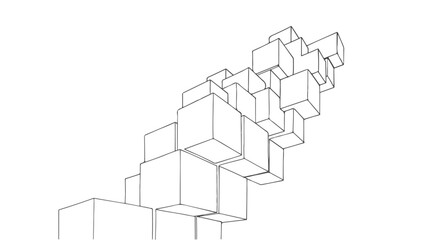 Stacked cubes in a clean abstract geometric line composition, representing structure and depth.