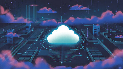 Glowing white cloud floating above digital circuit board with pink clouds and blue lights technology