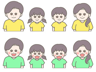 4人家族の表情違いイラスト　笑顔