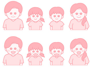 4人家族の表情違いイラスト　笑顔　ピンク