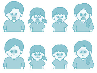 4人家族の表情違いイラスト　ムカムカ＆困った顔　ブルー