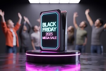 Futuristic gaming device showcasing black friday mega sale 2022 with excited crowd