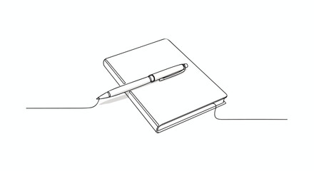 Pen resting on notebook, minimalist desk object line art illustration.