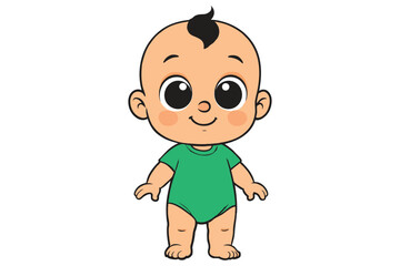 Cute baby boy cartoon wearing a green outfit. Perfect vector for nursery art, kids’ products, baby shower cards, and family designs.