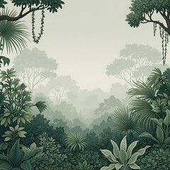 A lush, detailed illustration of a dense, verdant jungle scene with layered foliage and a misty atmosphere.