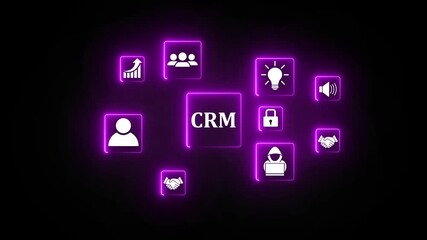 CRM Customer Relationship Management Flowchart with Business Icons and Neon Blue Glow .4k video animation