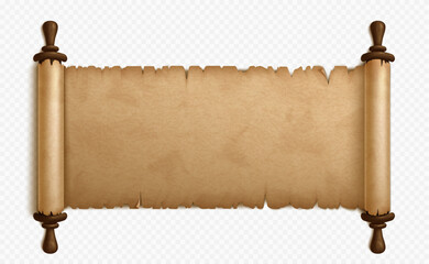 Ancient parchment scroll with wooden rollers on white background