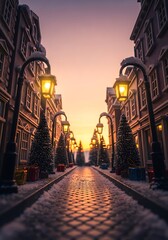 Fototapeta premium Enchanting winter cityscape scene with warmly lit lampposts and trees