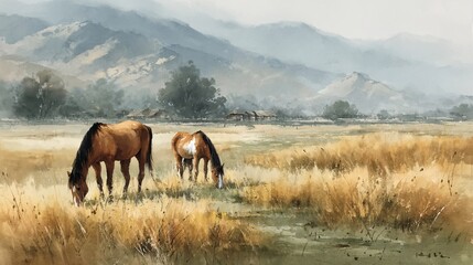 Serene Horses Grazing in a Tranquil Meadow Landscape