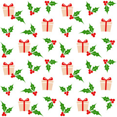 Christmas Gift Boxes with Holly Seamless Pattern Repeat on White