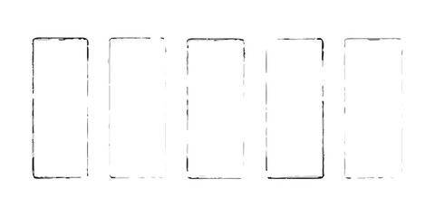 Five abstract rectangular frames with rough textured edges arranged horizontally on a white background